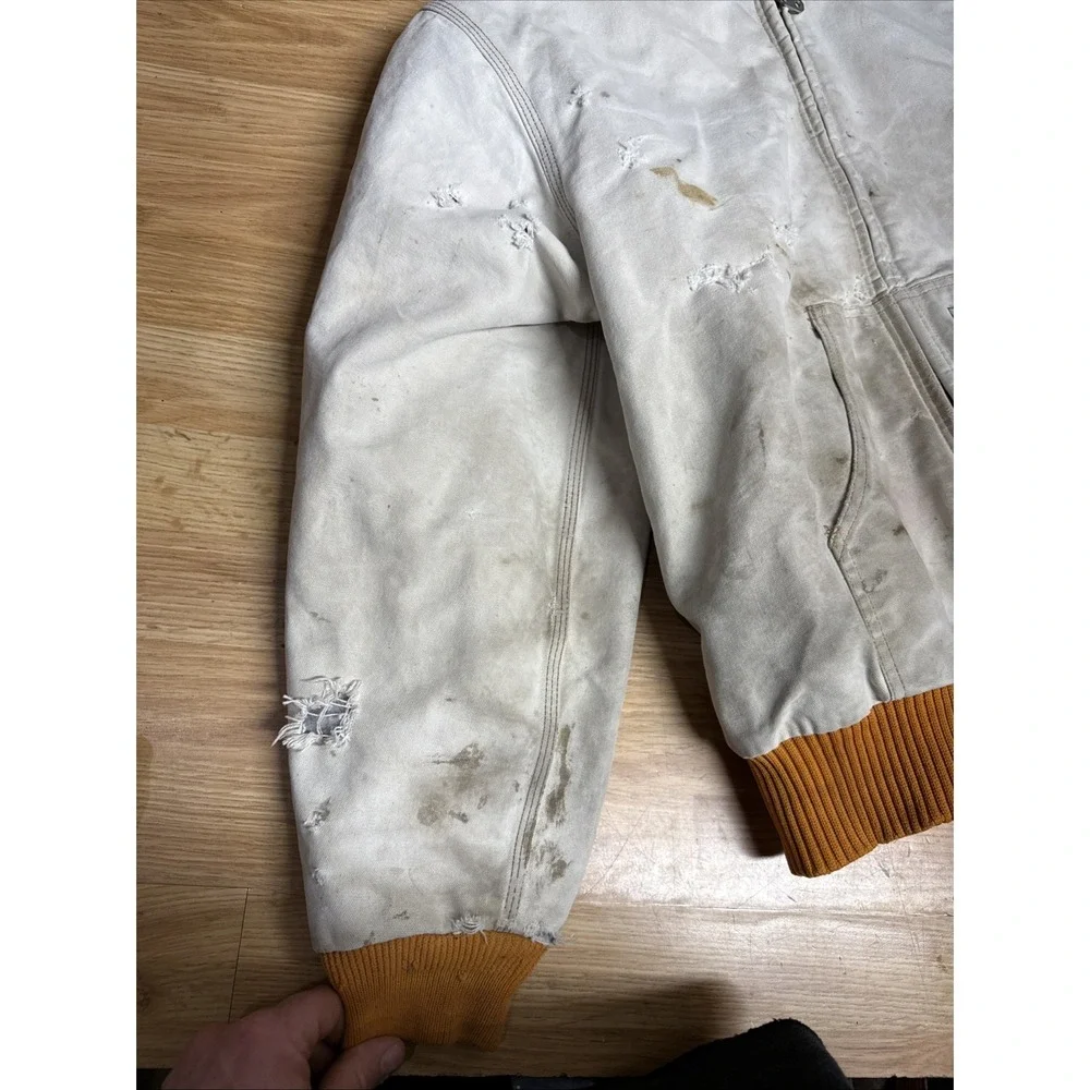 Vintage 90s Carhartt Hooded Jacket Quilt Lined Thrashed Off White Orange Trim